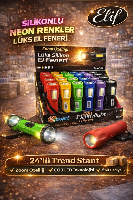 KSMART LÜKS SİLİKONLU EL FENERİ RENKLİ / 24LÜ STANT